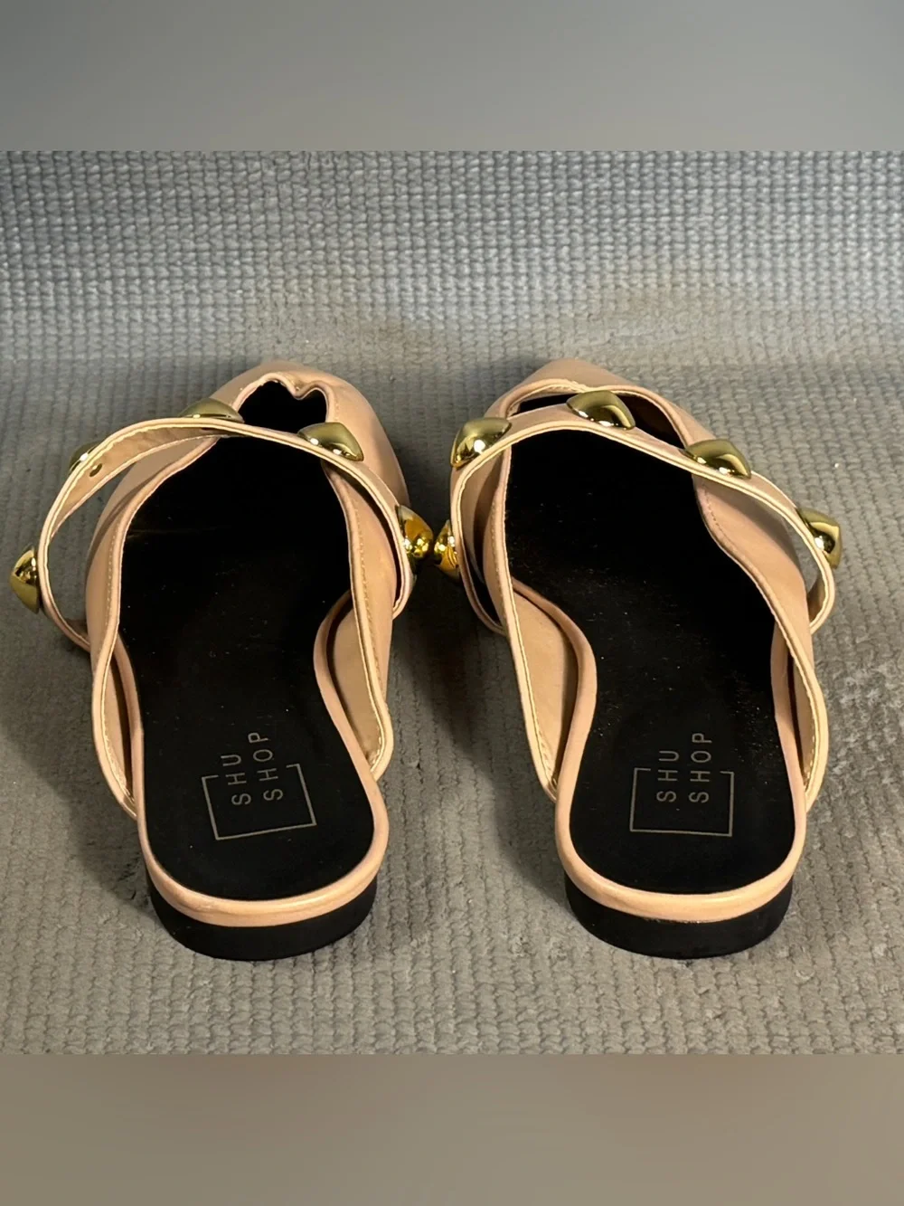 Shu Shop Gold Bead Beige Slide Fashion Flats Women’s Size 7.5